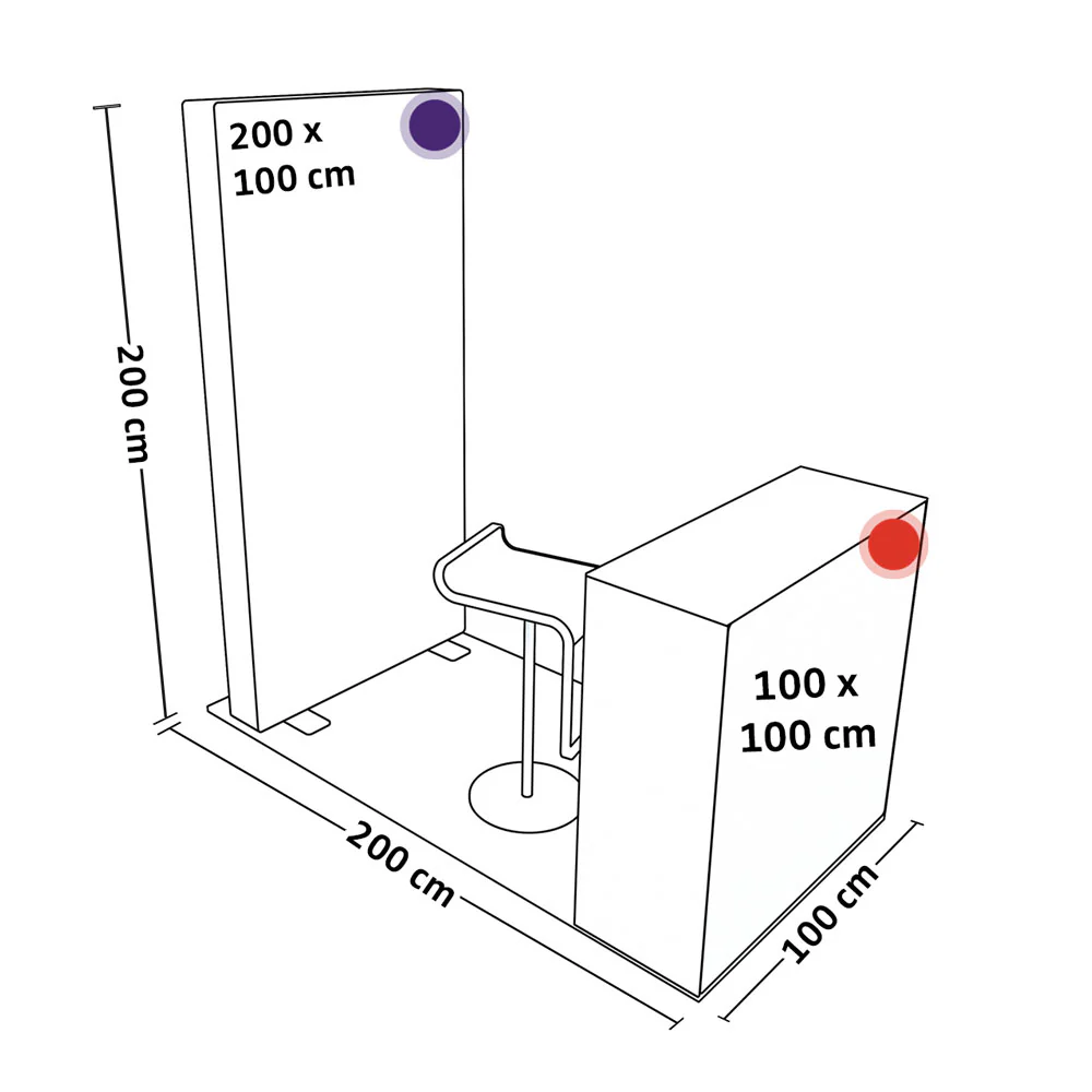PIXLIP GO Systemskizze mit LED Rückwand 200 x 100 cm, Counter 100 x 100 cm und Standfläche 200 x 200 cm