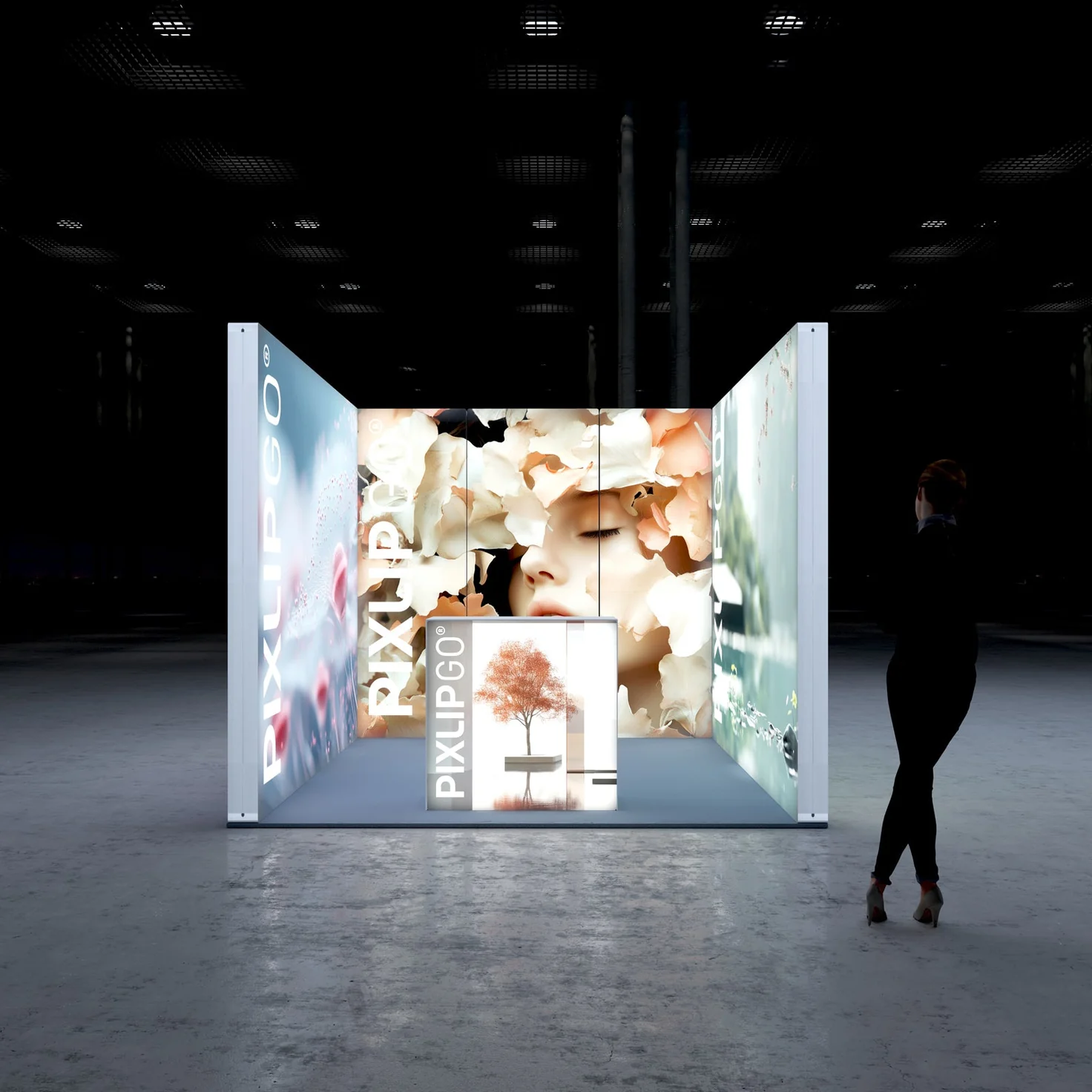 PIXLIP GO LED Messestand mit drei beleuchteten Leuchtwänden und Promotion-Theke im Natur- und Lifestyle-Design für moderne Markeninszenierung