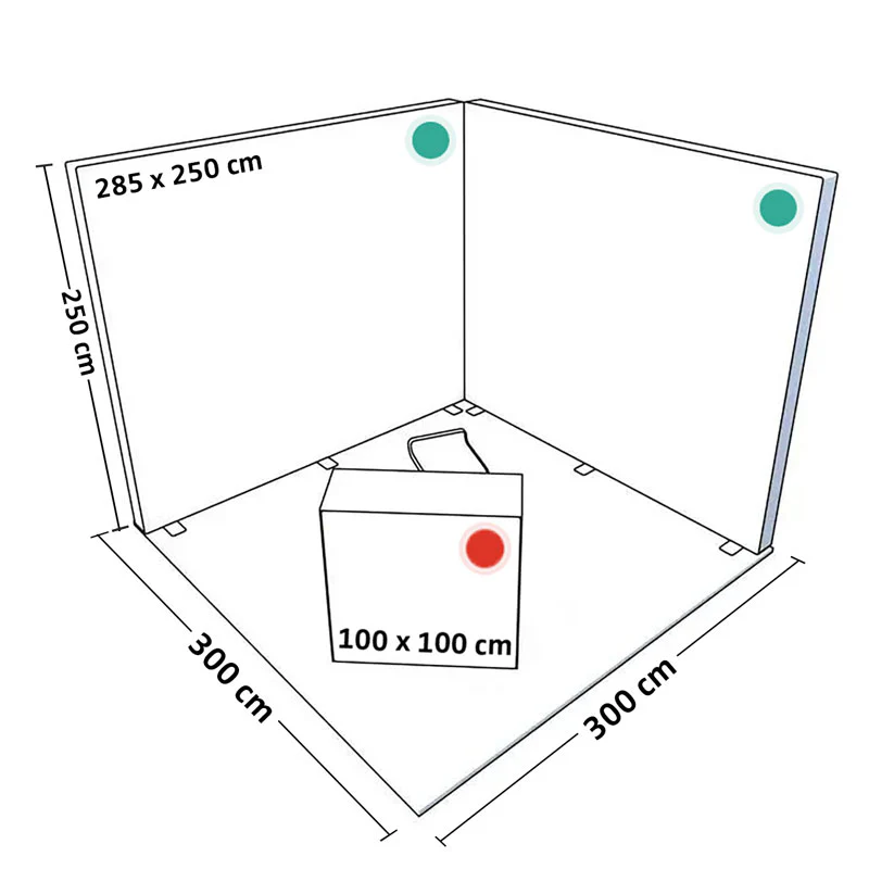PIXLIP GO Messestand Systemskizze mit Abmessungen von Leuchtwänden und Promotion-Theke für Messen und Events