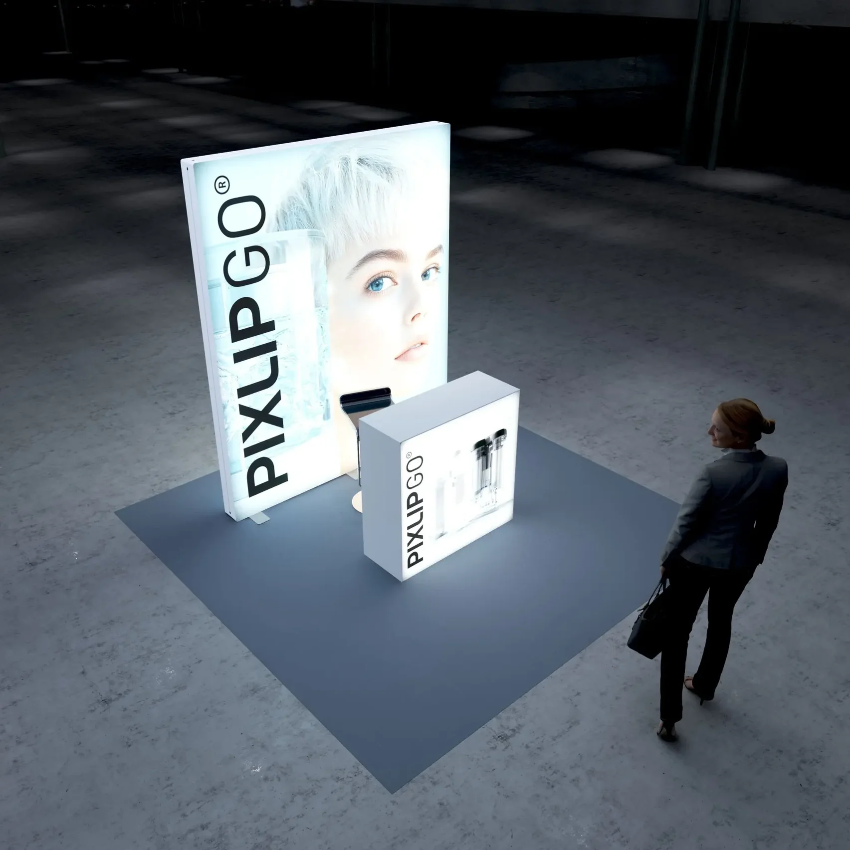 PIXLIP GO LED Messesystem mit Leuchtwand und Counter aus der Vogelperspektive, kompakter Messestand für professionelle Präsentationen