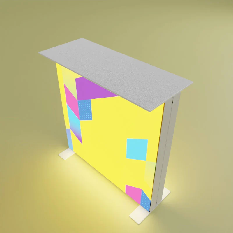 Kompakte LED Promotion-Theke mit Ablagefläche und individuell bedruckter Front im modernen geometrischen Design