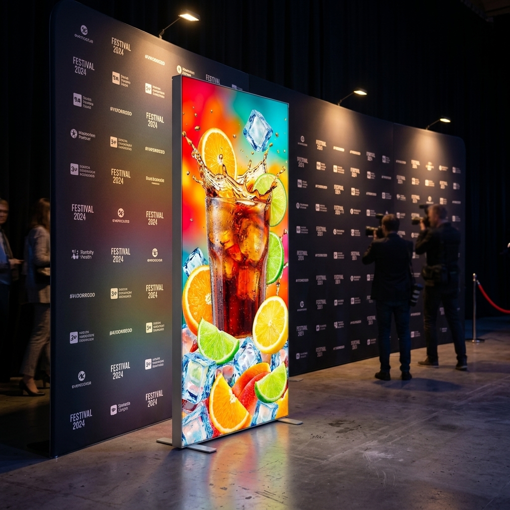 LED Leuchtwand als Blickfang vor einer Festival-Pressewand mit Fotografen im Hintergrund