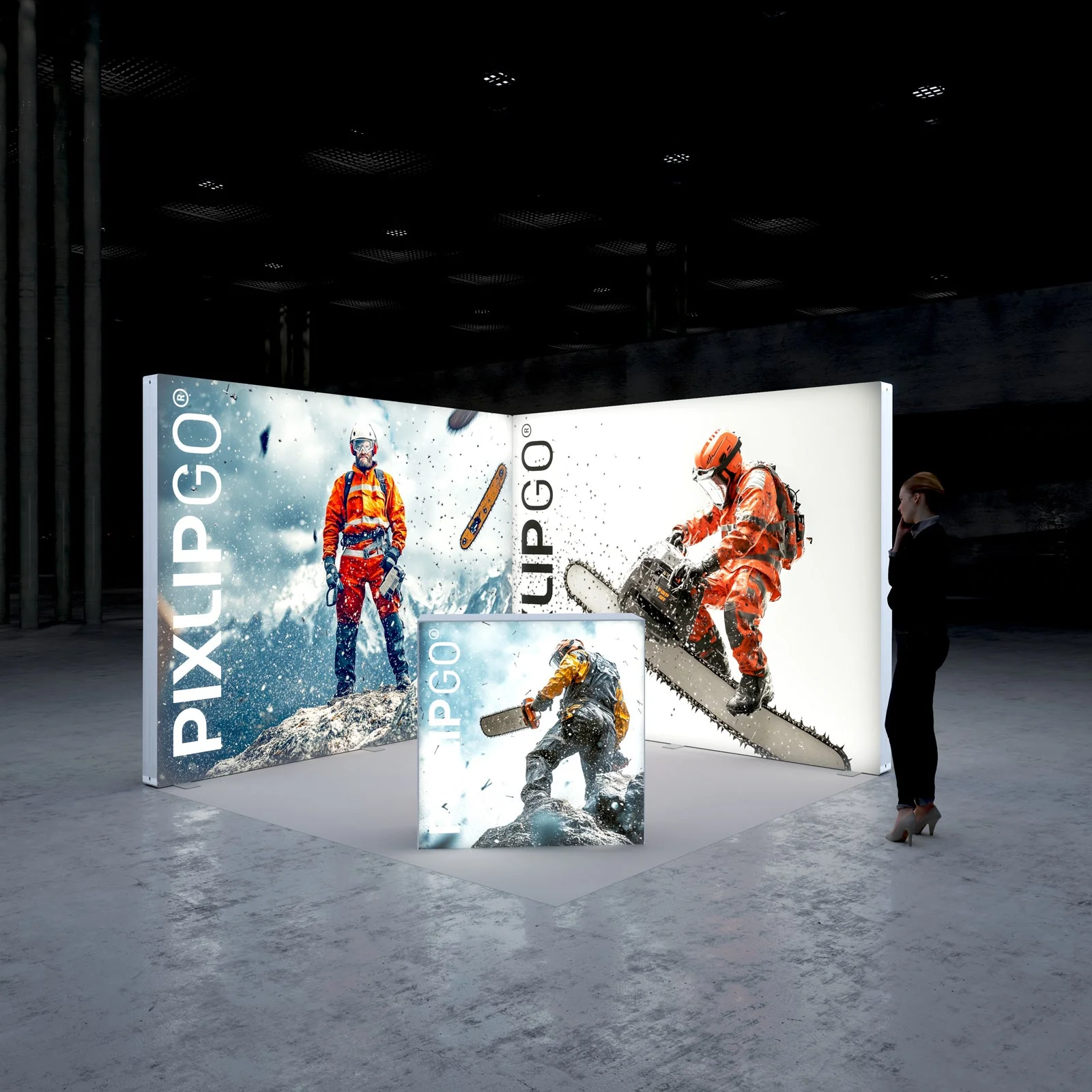 PIXLIP GO Messestand mit zwei hinterleuchteten LED Wänden im Winkel und beleuchtetem Counter, modernes Messe Design 300x300 cm