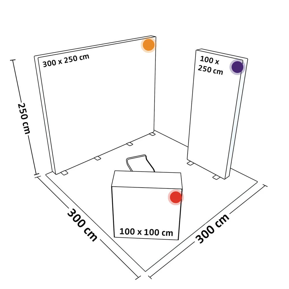 PIXLIP GO Messestand Systemskizze mit LED Leuchtwänden in verschiedenen Größen und Promotion-Theke inklusive Abmessungen