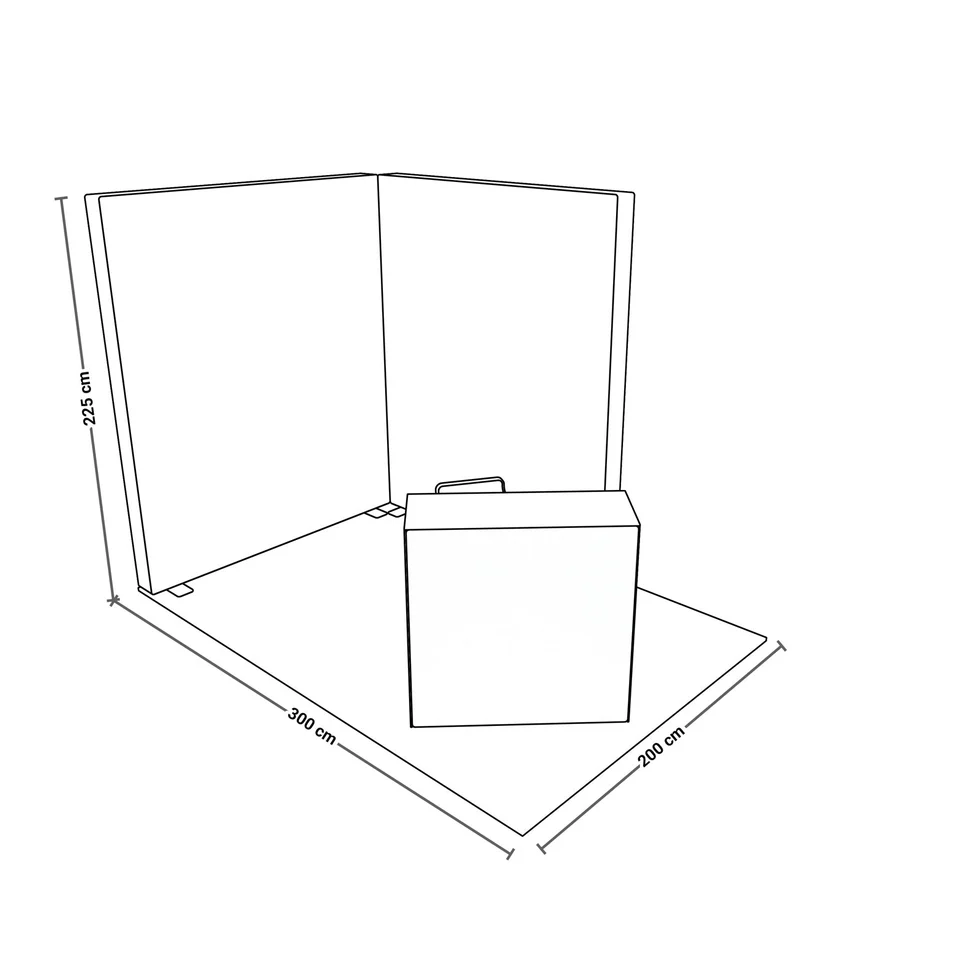PIXLIP GO Messestand Systemskizze mit zwei LED Leuchtwänden und Counter auf 300 x 200 cm Standfläche bei 225 cm Höhe