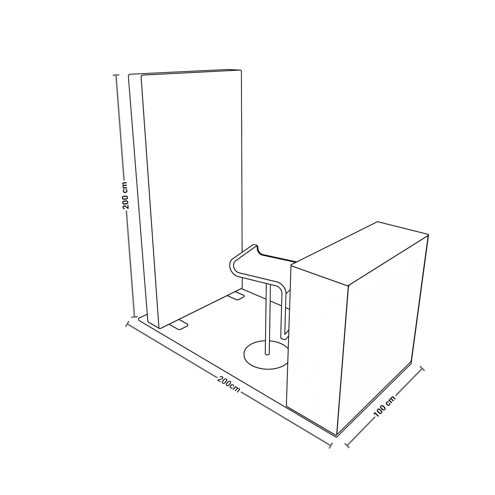 PIXLIP GO Systemskizze eines Messestands mit LED Rückwand 200 x 200 cm, Counter 100 x 100 cm und Barhocker auf 200 x 200 cm Fläche