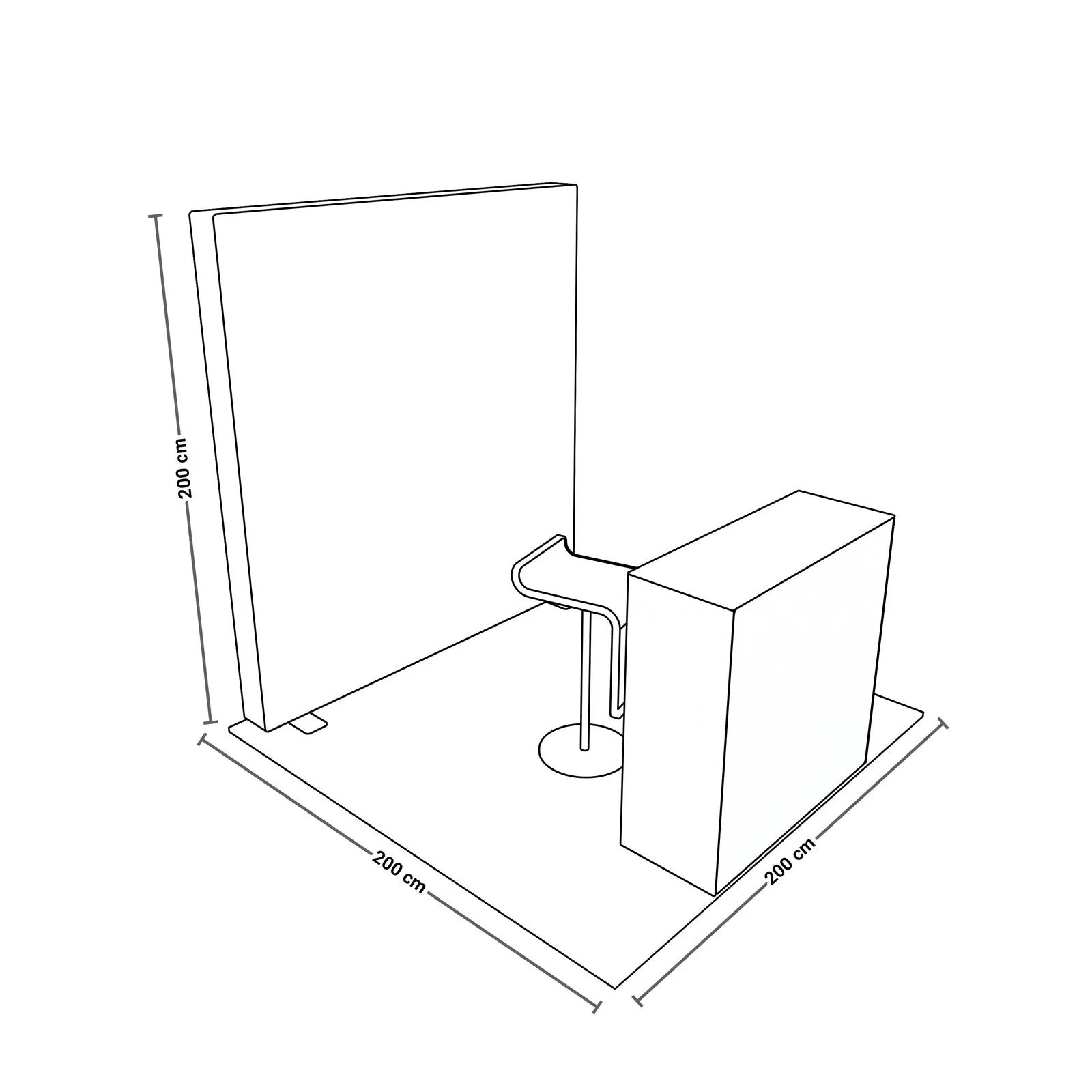PIXLIP GO Systemskizze eines Messestands mit LED Rückwand 200 x 200 cm, Counter 100 x 100 cm und Barhocker auf 2x2 Meter Fläche