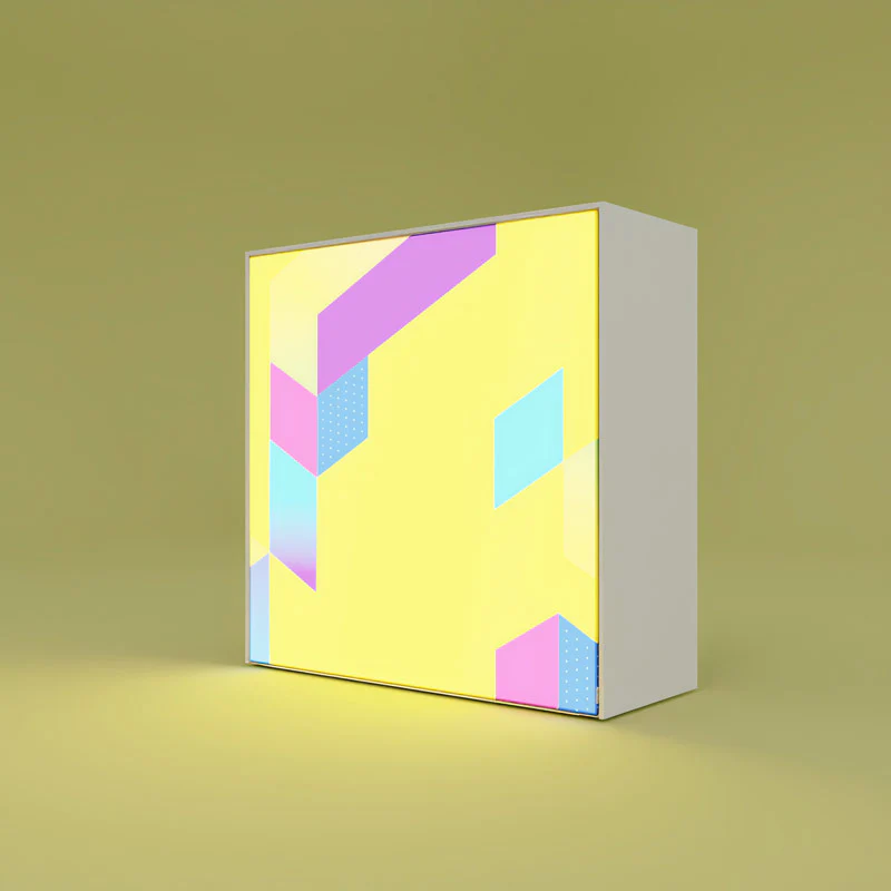 „Helle LED Promotion-Theke mit individuell bedruckter Front im geometrischen Design, moderne Messetheke für Werbung und Produktpräsentation“