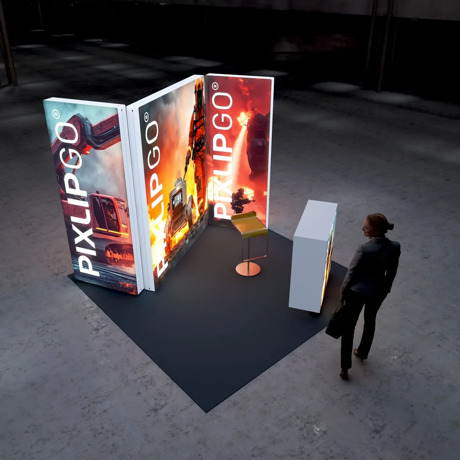 PIXLIP GO LED Messesystem mit Leuchtwänden und Counter aus der Vogelperspektive, modularer Messestand für Industrie und Eventeinsatz