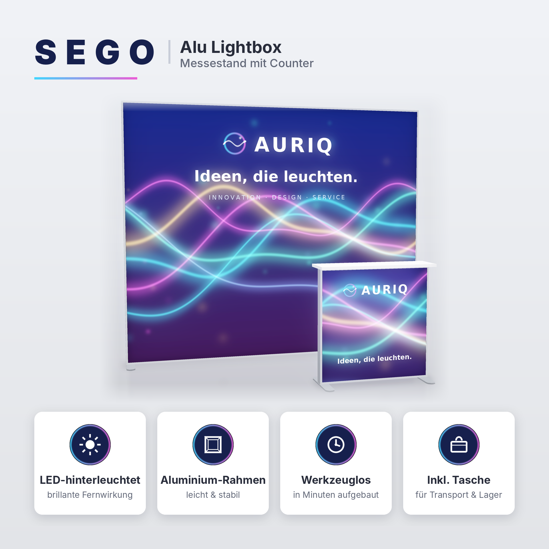 SEGO Alu LED Messestand 2 - 200 × 250 cm mit Counter