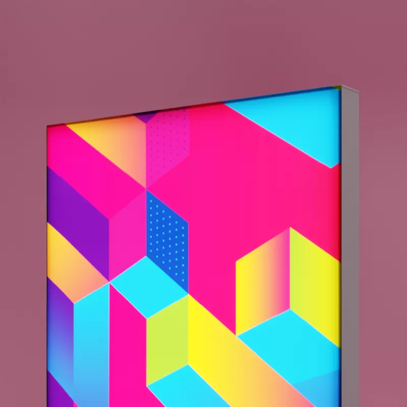 Detailansicht der PIXLIP POP Lightbox mit farbigem geometrischem Textildruck und LED-Hinterleuchtung