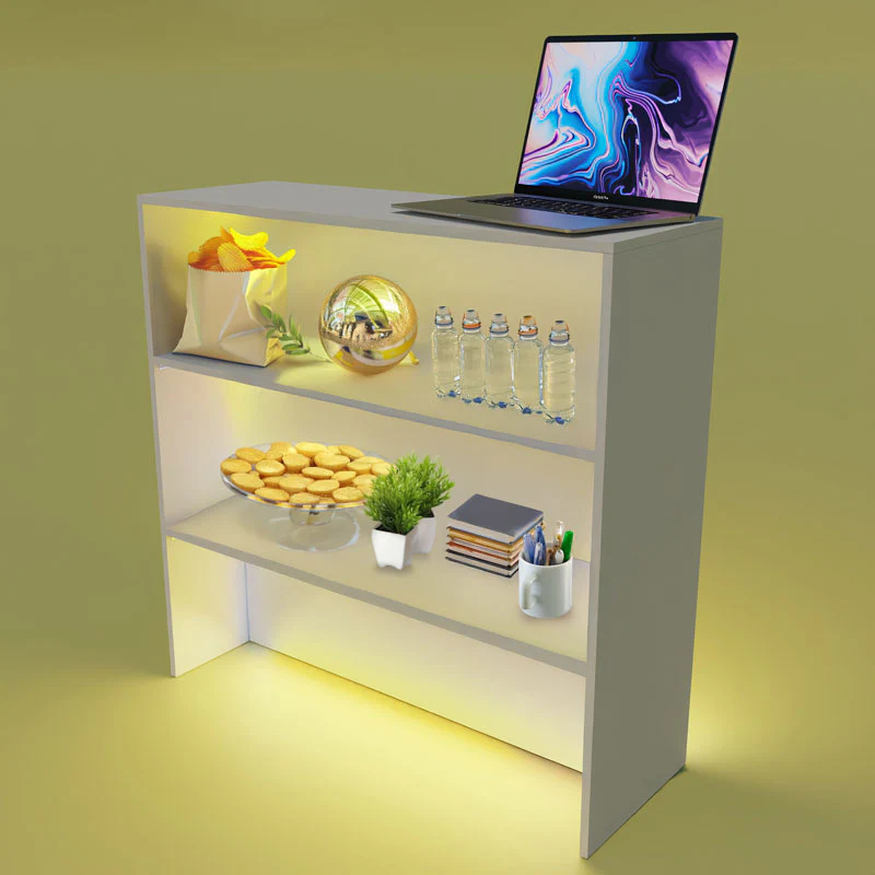 „Moderne LED Promotion-Theke mit Regalfächern, beleuchtetem Innenraum und Präsentationsfläche für Produkte, Laptop und Werbematerial“