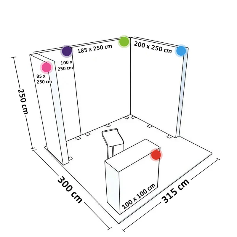 PIXLIP GO Messestand Systemskizze mit Abmessungen von Leuchtwänden, Regalelementen und Promotion-Theke