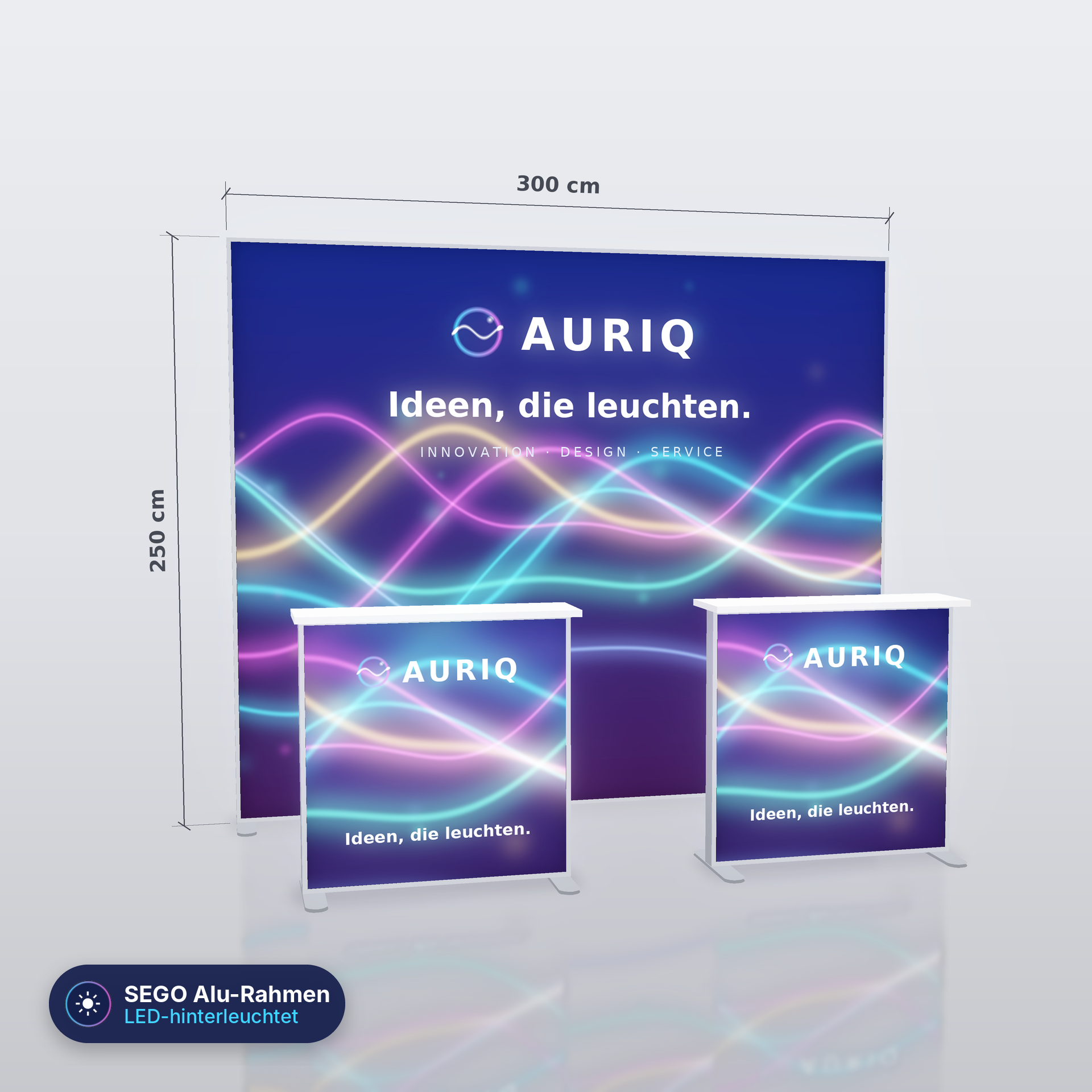 SEGO Alu LED Messestand 5 - 300 × 250 cm mit 2 Countern