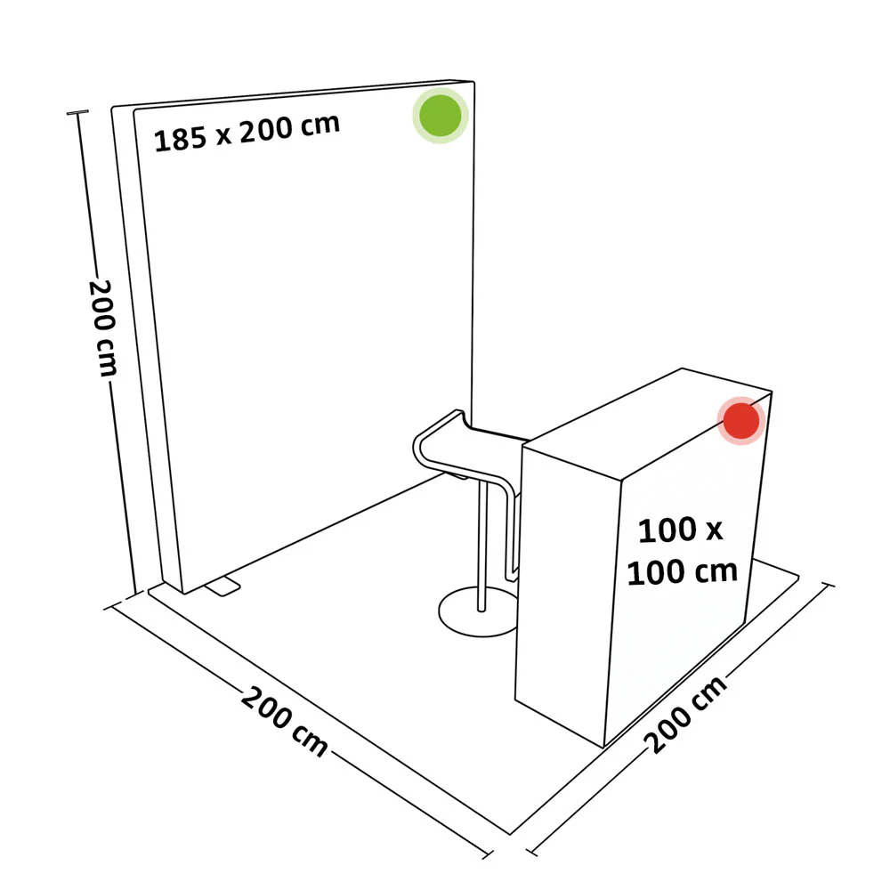 PIXLIP GO Systemskizze mit LED Rückwand 185 x 200 cm, Counter 100 x 100 cm und Standfläche 200 x 200 cm