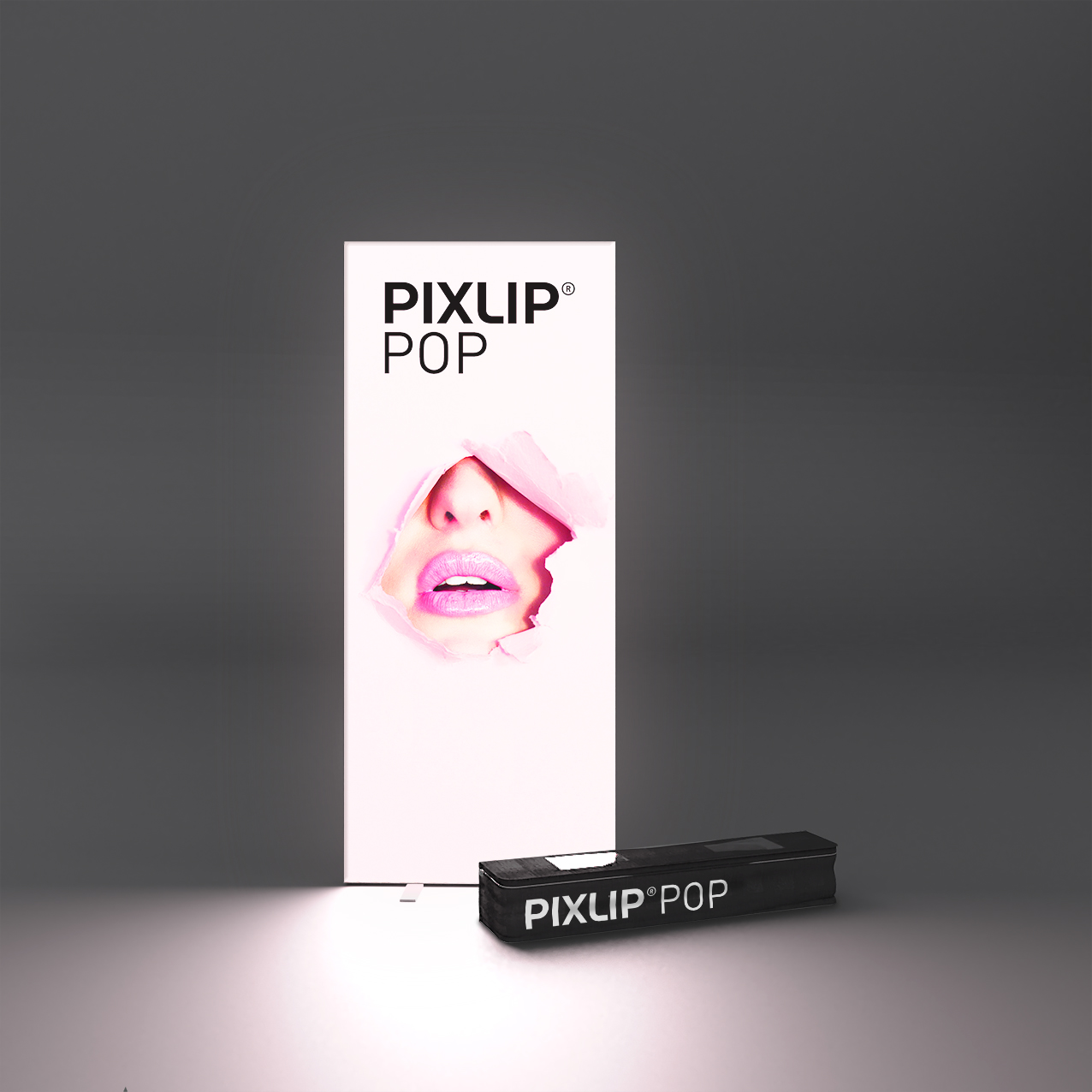 PIXLIP POP Lightbox 85 × 200 cm mit beleuchtetem Textildruck und Transporttasche