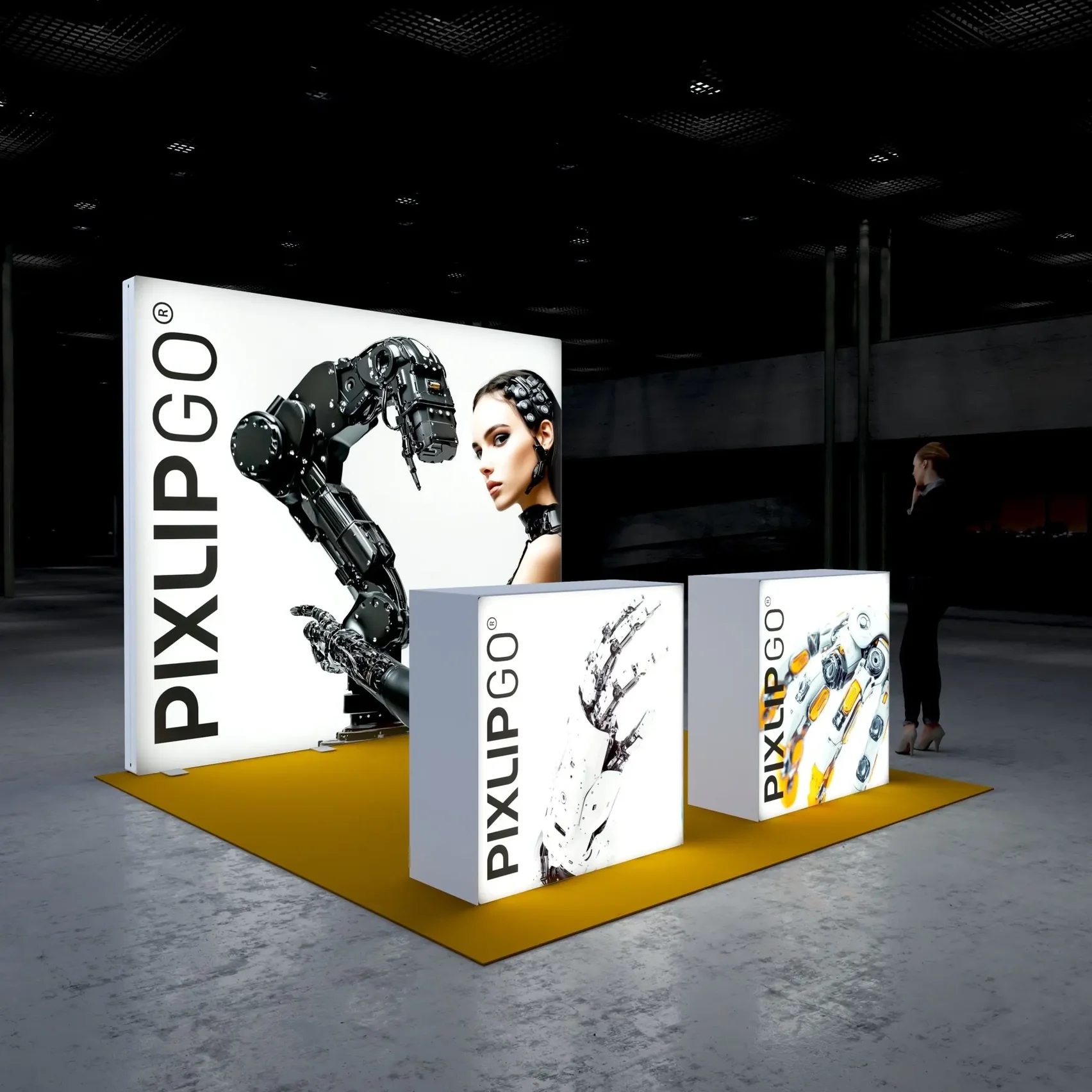 PIXLIP GO Messestand mit LED Leuchtwand und zwei beleuchteten Promotion-Theken, modernes Messekonzept für Produktpräsentationen