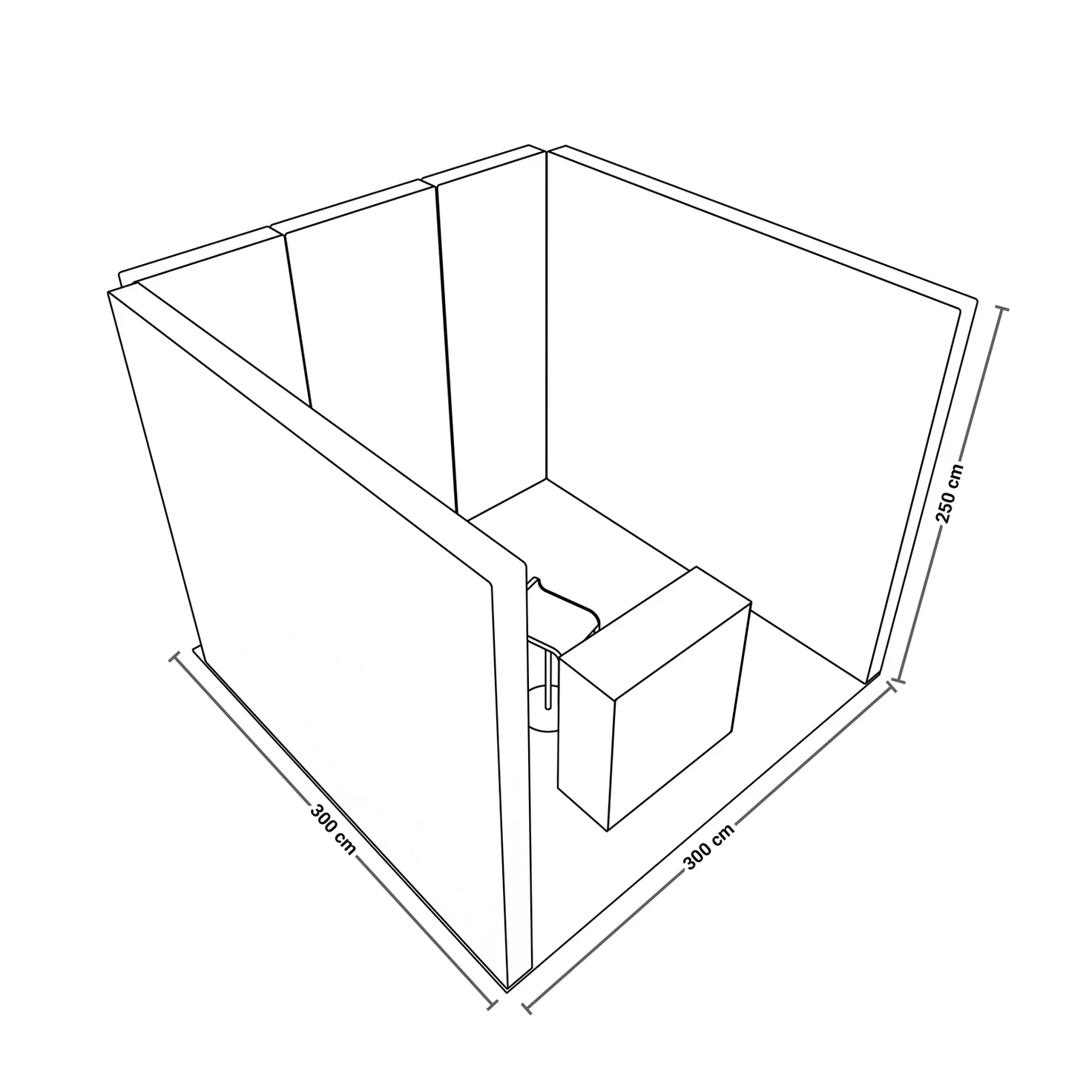 PIXLIP GO Messestand Systemskizze mit drei LED Leuchtwänden und integrierter Theke auf 300 x 300 cm Standfläche