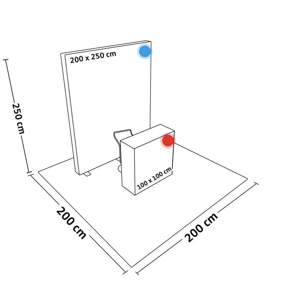 PIXLIP GO Messestand Systemskizze mit LED Leuchtwand und Promotion-Theke inklusive Abmessungen für kompakte Messestände