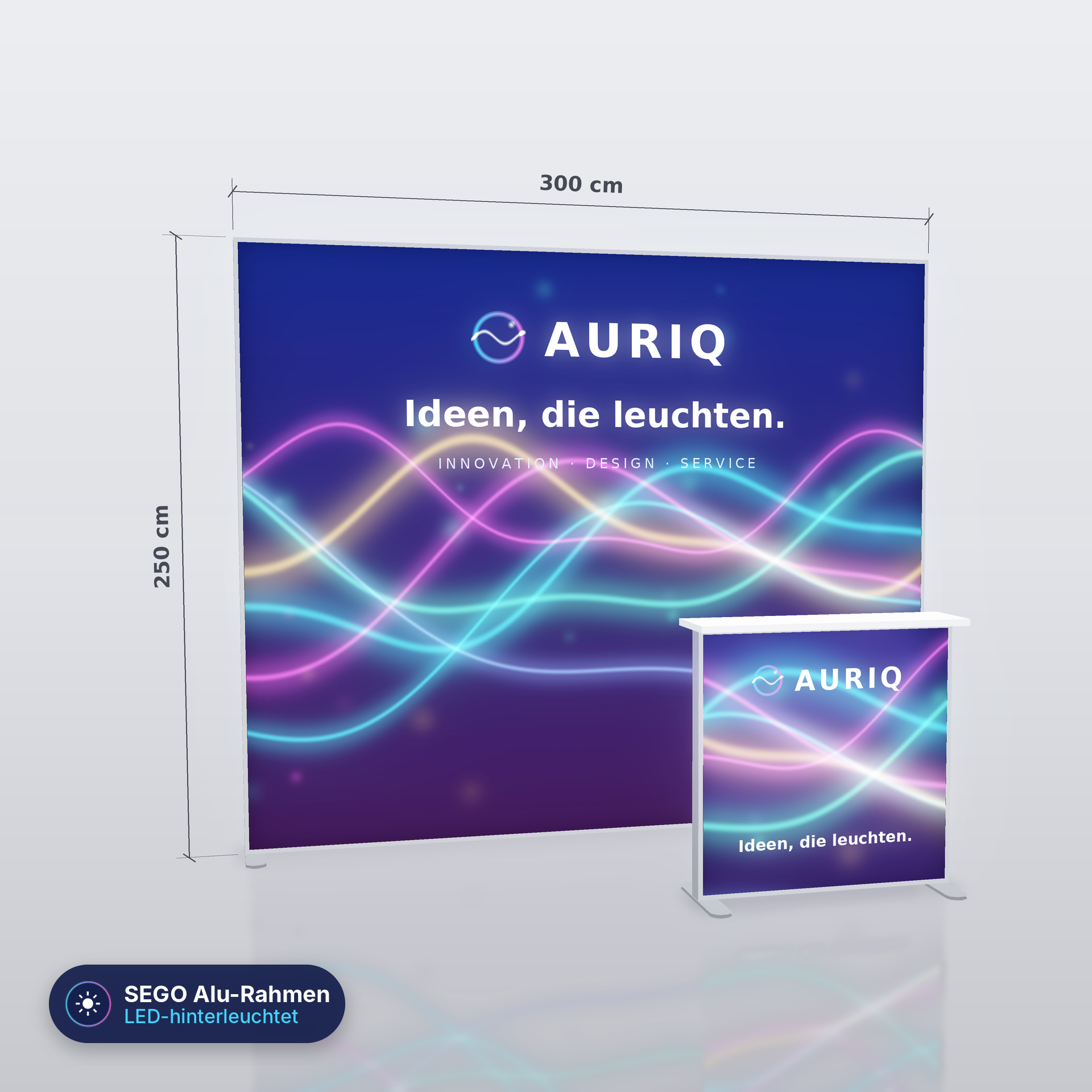 SEGO Alu LED Messestand 3 - 300 × 250 cm mit Counter