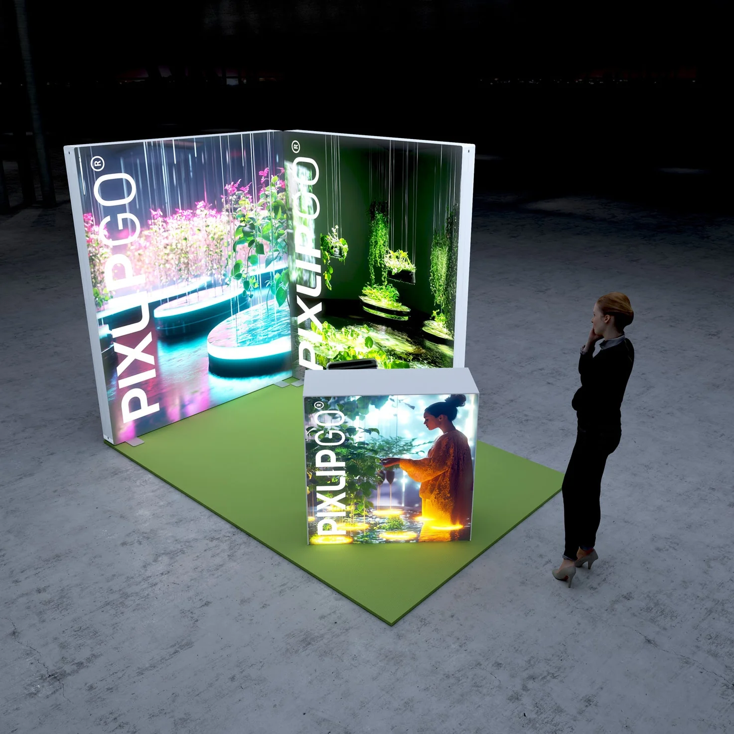 PIXLIP GO LED Messesystem mit zwei Leuchtwänden und Counter aus der Vogelperspektive auf grüner Standfläche für Events und Ausstellungen