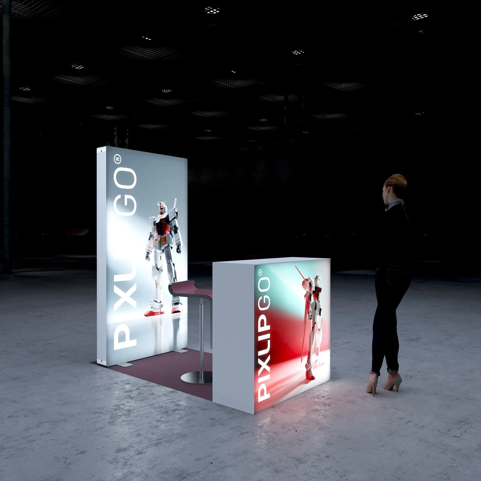 PIXLIP GO Messestand mit LED Rückwand, Counter und Barhocker in seitlicher Ansicht, kompakte Messe Lösung
