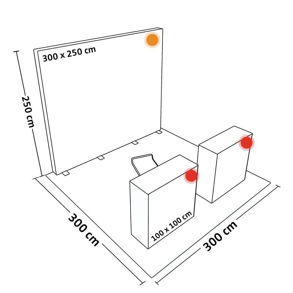 PIXLIP GO Messestand Systemskizze mit LED Leuchtwand und zwei Promotion-Theken inklusive Abmessungen für modulare Messeaufbauten