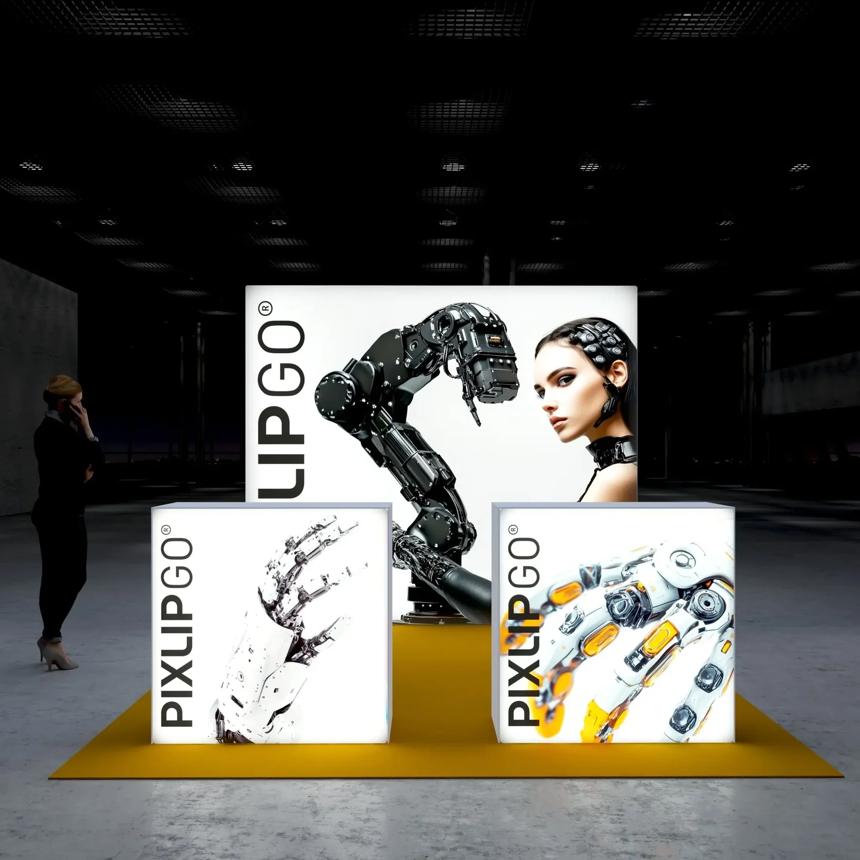 PIXLIP GO LED Messestand mit beleuchteter Leuchtwand und zwei Promotion-Theken im modernen Technologie- und Robotik-Design