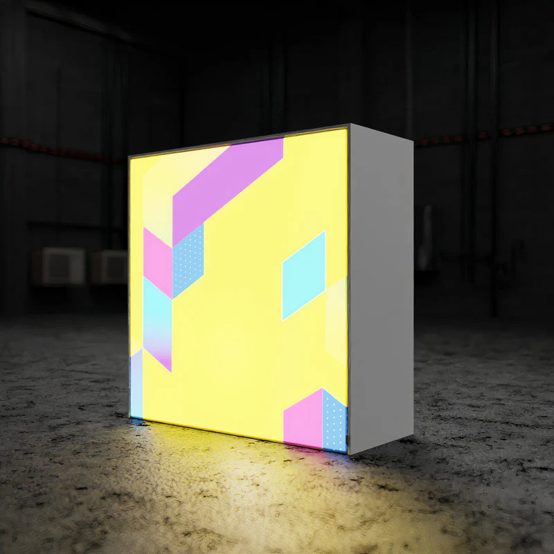 „LED Messetheke mit individuell bedruckbarer Front im modernen Design, leuchtende Präsentationstheke für Events und Promotion im dunklen Ambiente“