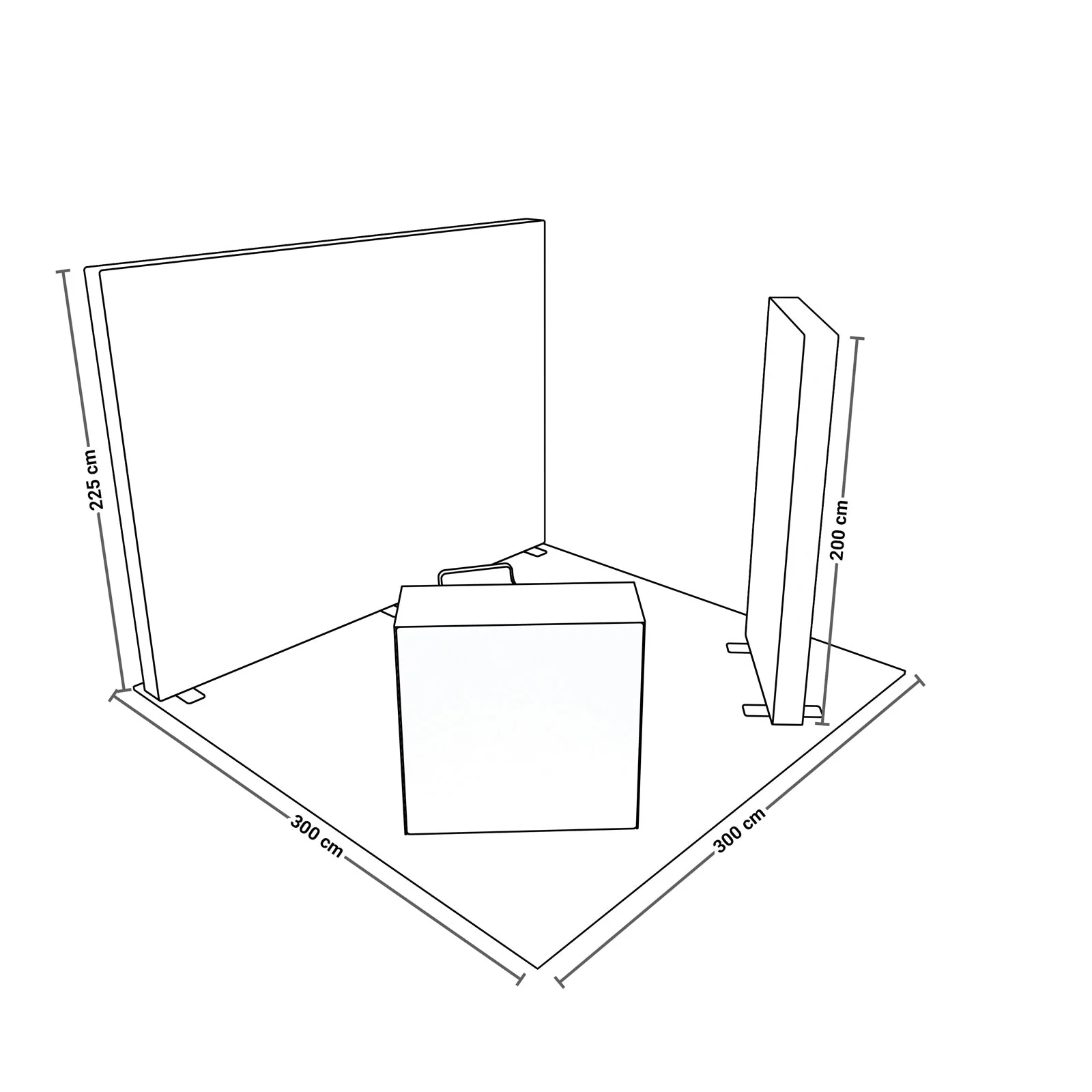 PIXLIP GO Messestand Systemskizze mit LED Rückwand 225 cm Höhe, seitlicher Leuchtstele 200 cm und Counter auf 300 x 300 cm Standfläche