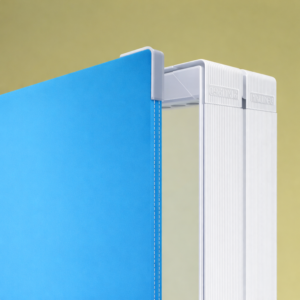 Pixlip GO Ersatzdruck als blaue Textilgrafik in Detailansicht bei der Befestigung am Systemrahmen