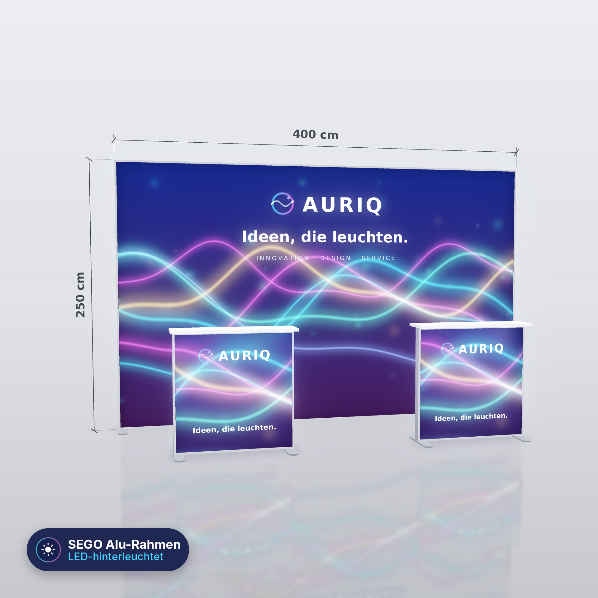 SEGO Alu LED Messestand 6 - 400 × 250 cm mit 2 Countern